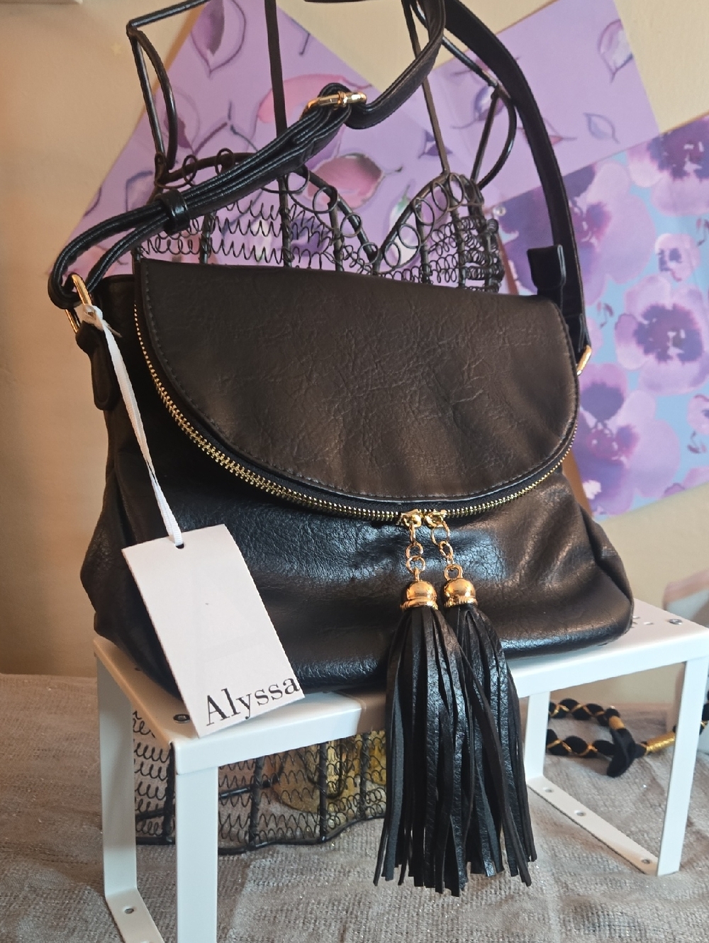 Black Leather Tassel Crossbody Bag